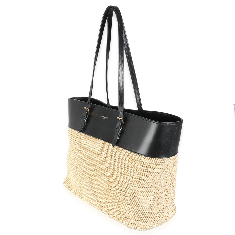 Saint Laurent Black Leather Beige Raffia Medium Boucle Shopper Tote - Picture 3 of 7